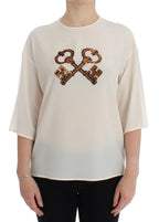 White Sequined Key Silk Blouse T-shirt Top