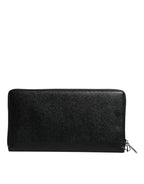 Black Calfskin Leather Logo Zip Around Continental Wallet