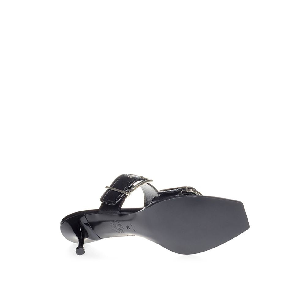 Black Leather Stiletto Heel Sandals