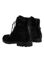 Black Pony Style Leather Mid Calf Boots Shoes