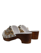 White Raffia Clogs Bejeweled Chain Sandals Shoes