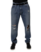 Blue Tattered Cotton Straight Denim Jeans