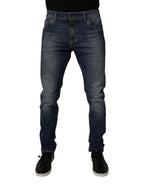 Dark Blue Cotton Leather Skinny Denim Jeans