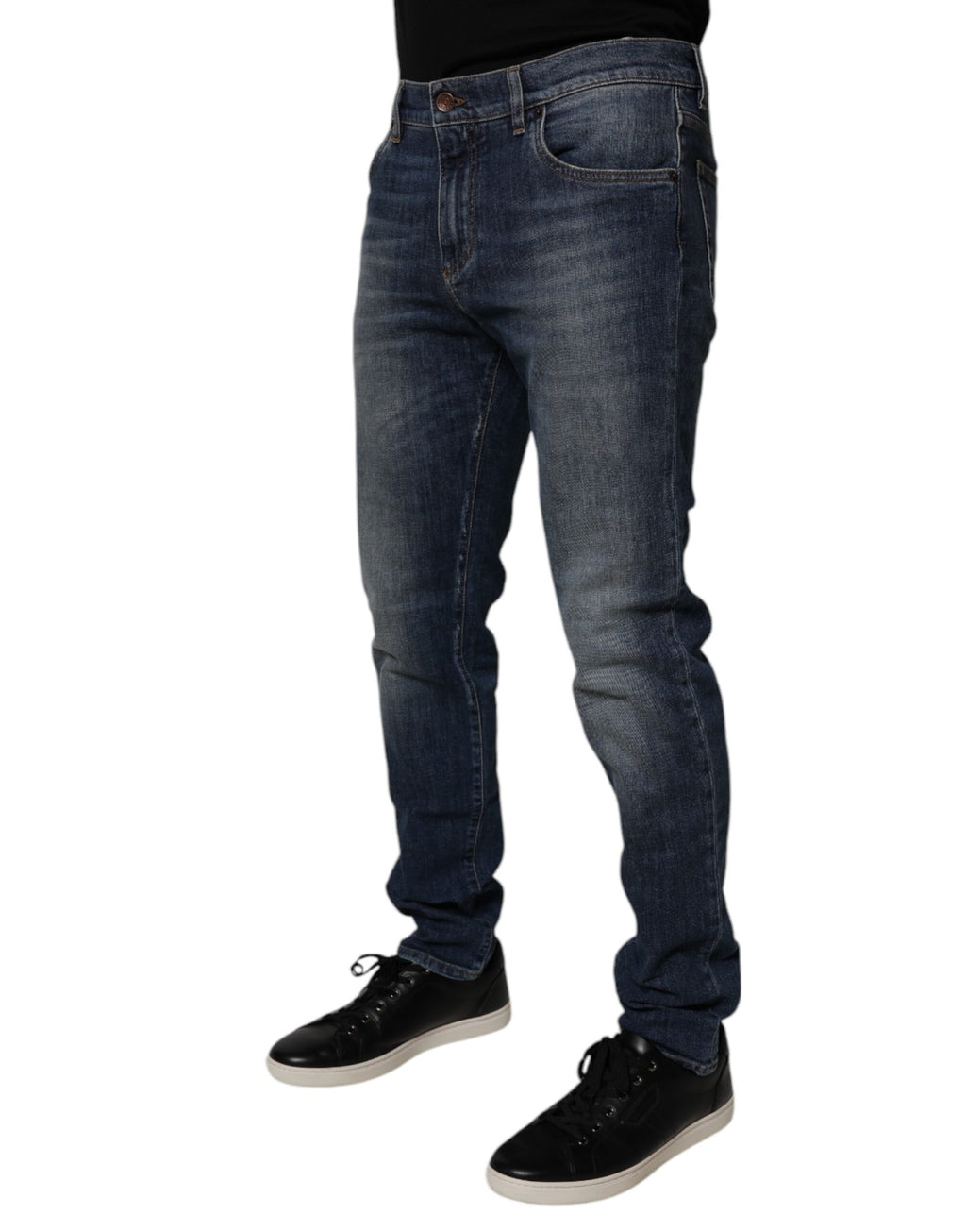 Dark Blue Cotton Leather Skinny Denim Jeans