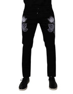 Black Floral Cotton Skinny Men Denim Jeans