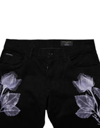 Black Floral Cotton Skinny Men Denim Jeans