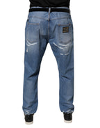 Blue Tattered Straight Cotton Denim Jeans