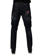 Dark Blue Cotton Tattered Skinny Denim Jeans