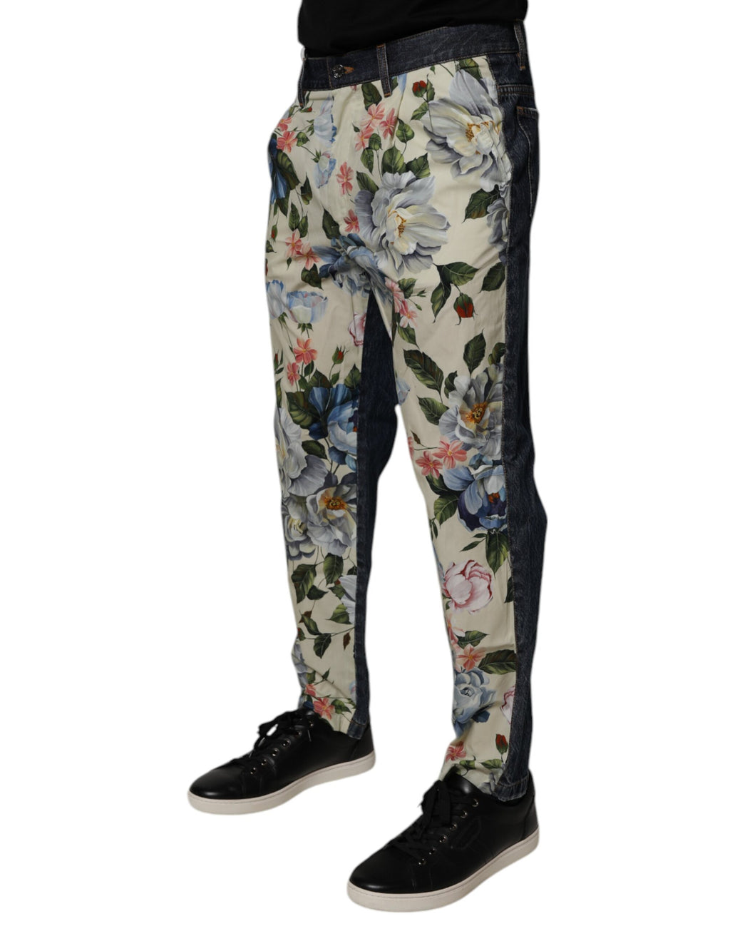 Beige Blue Floral Cotton Men Denim Jeans