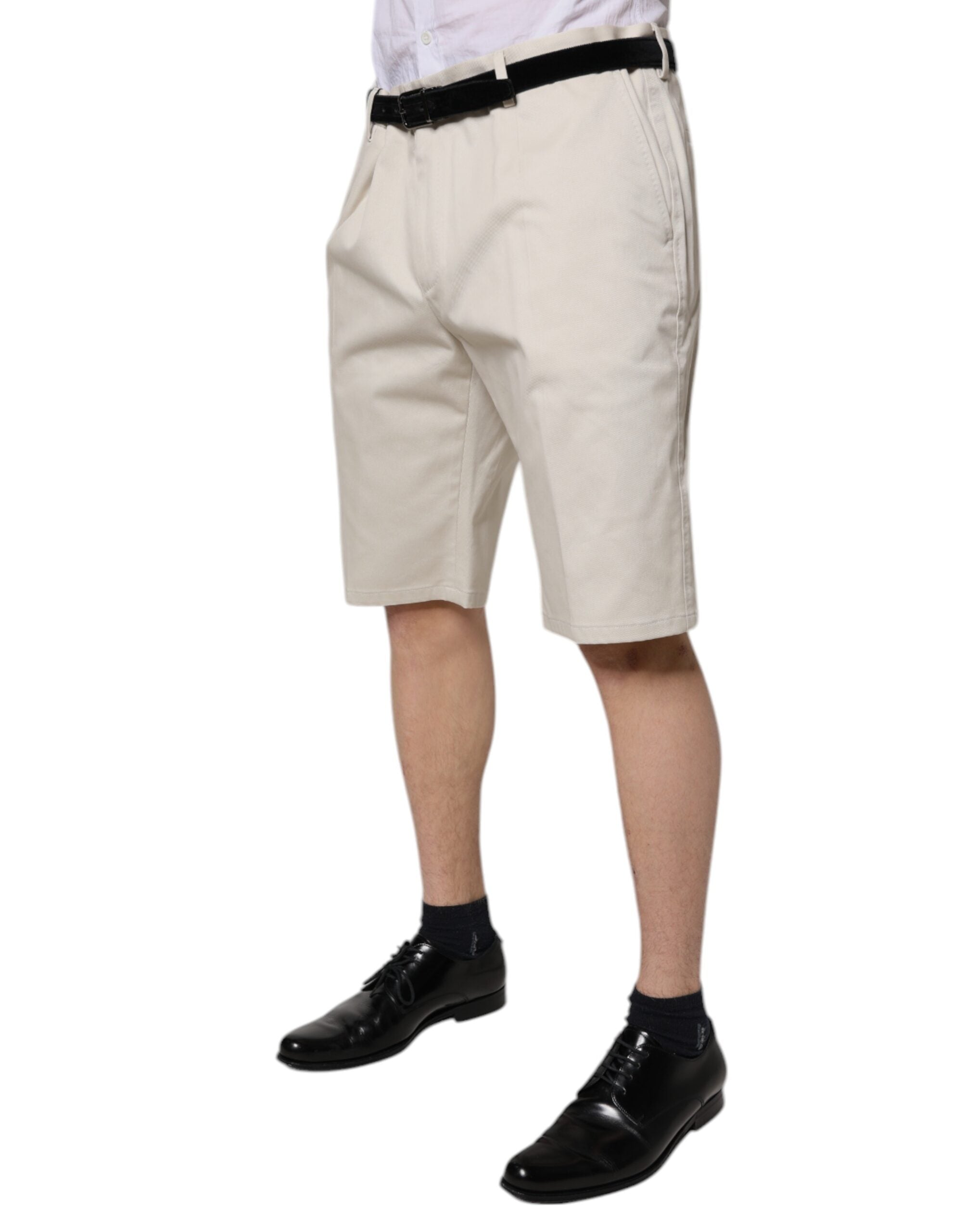 Beige Cotton Stretch Mid Waist Bermuda Shorts