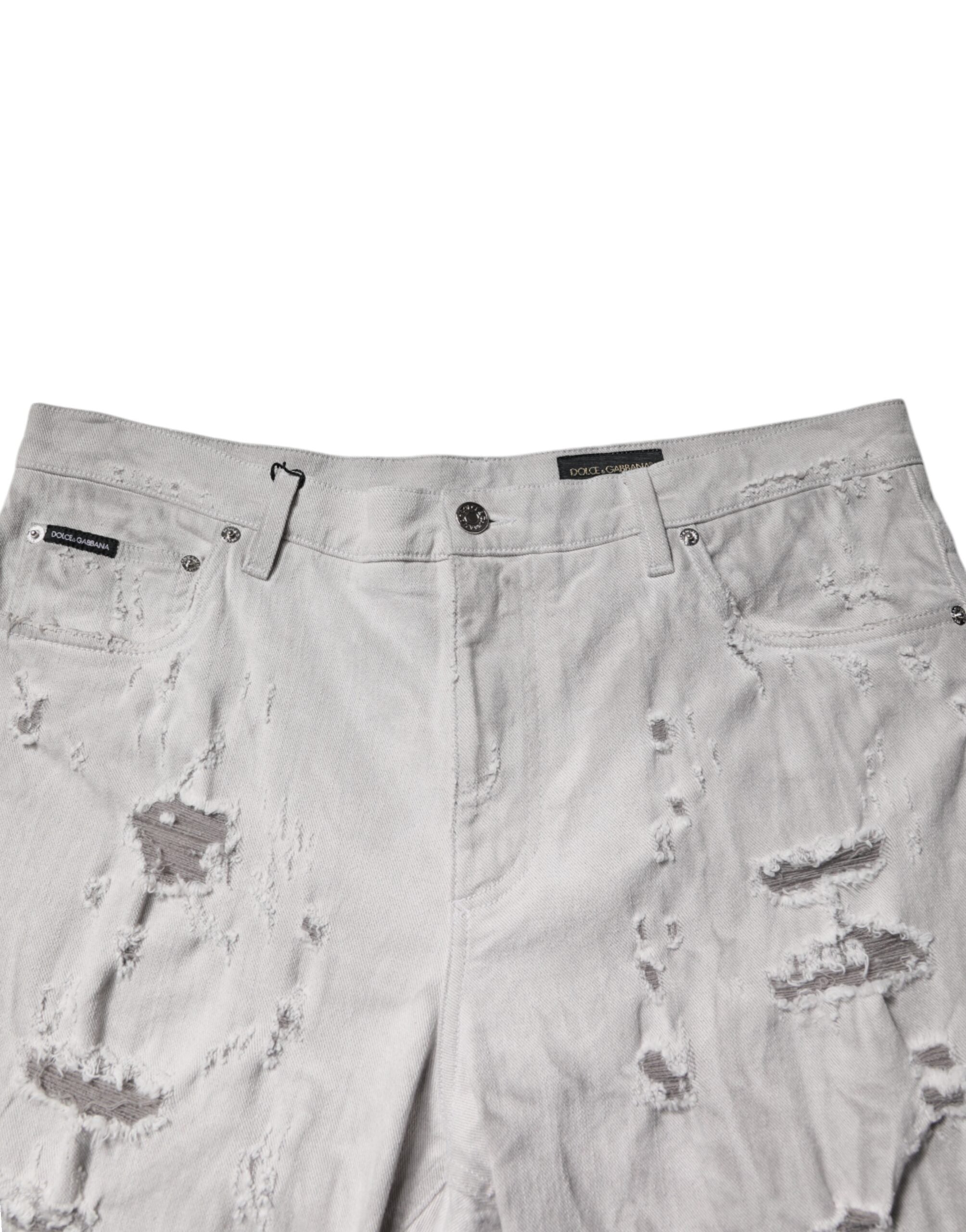 Light Gray Tattered Men Denim Bermuda Shorts