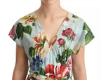 Green Floral Short Sleeves Cotton V-neck Dress