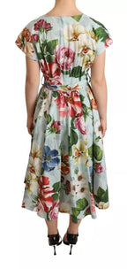 Green Floral Short Sleeves Cotton V-neck Dress