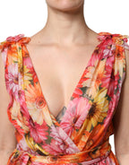 Multicolor Floral Silk V-neck Chiffon Dress