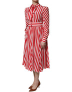 White Red Stripes Long Sleeves Midi Dress