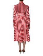 White Red Stripes Long Sleeves Midi Dress