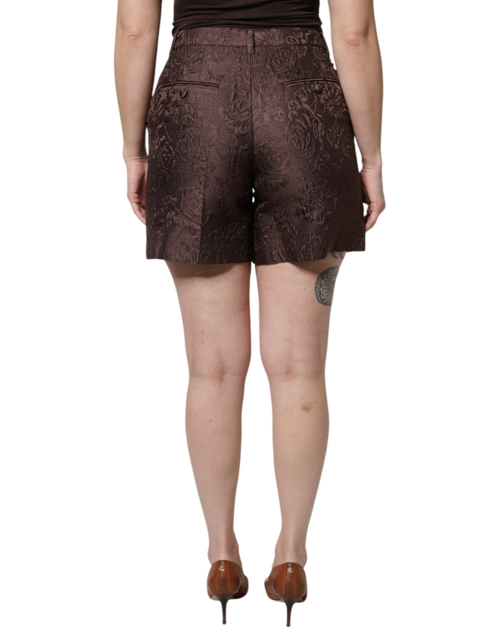 Brown Floral Brocade Mid Waist Mini Short