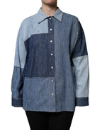 Blue Cotton Button Up Collared Long Sleeve Top