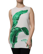 White Banana Leaf Print Round Neck Tank Top