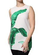 White Banana Leaf Print Round Neck Tank Top