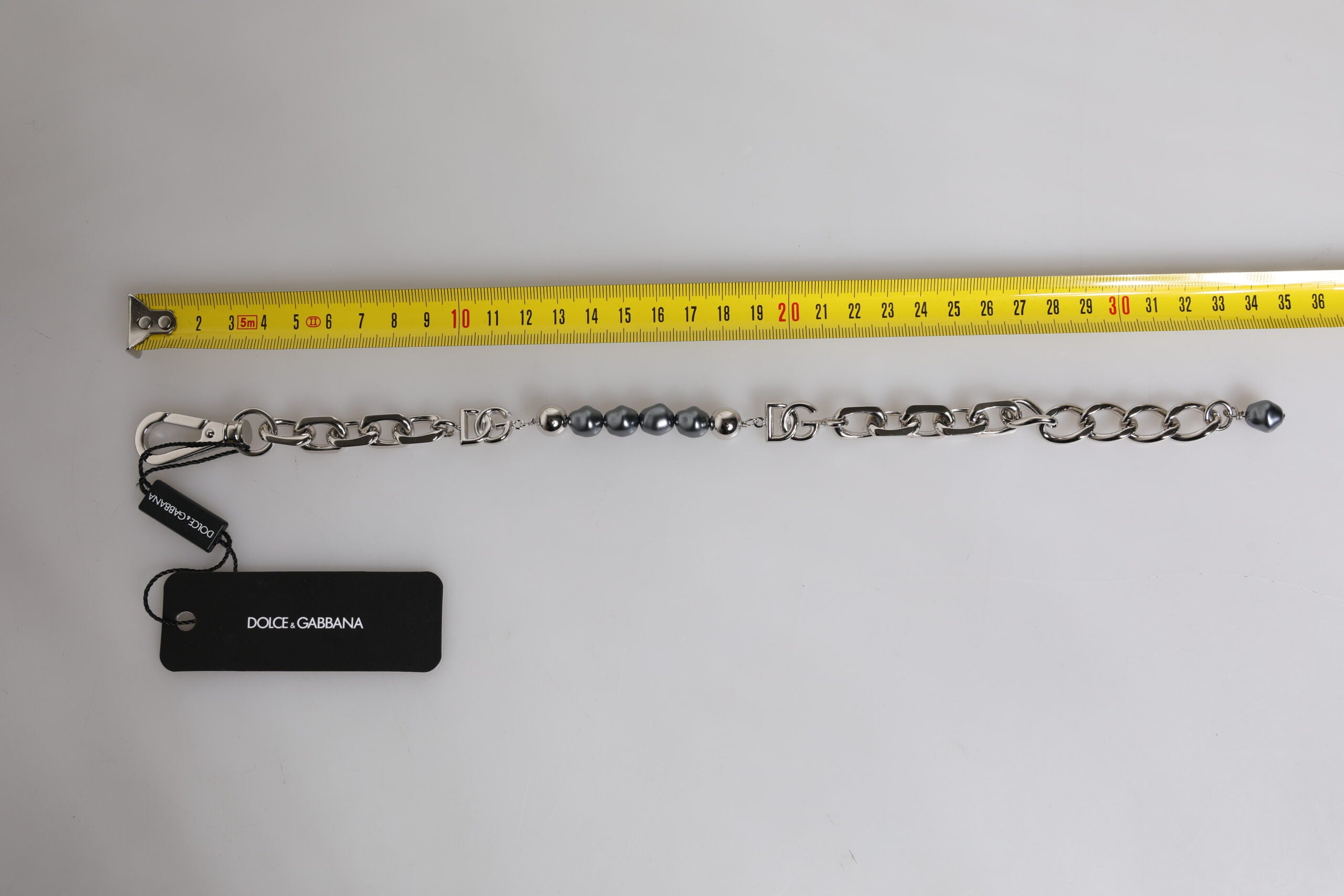 Silver Tone Chain Lobster Clasp Logo Gray Pearls Bracelet