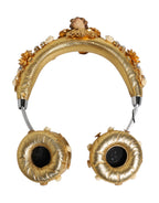 Gold Leather Floral Crystal Angel Headset Headphones