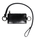 Black Leather Logo Embossed Lanyard Card Holder Wallet