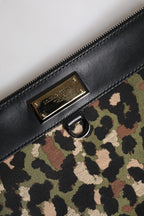 Multicolor Leopard Jacquard Print Logo Plaque Pouch Bag