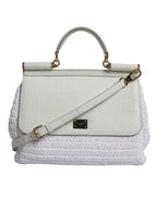 White Rafia Leather Top Handle Crossbody Bag