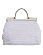 White Rafia Leather Top Handle Crossbody Bag
