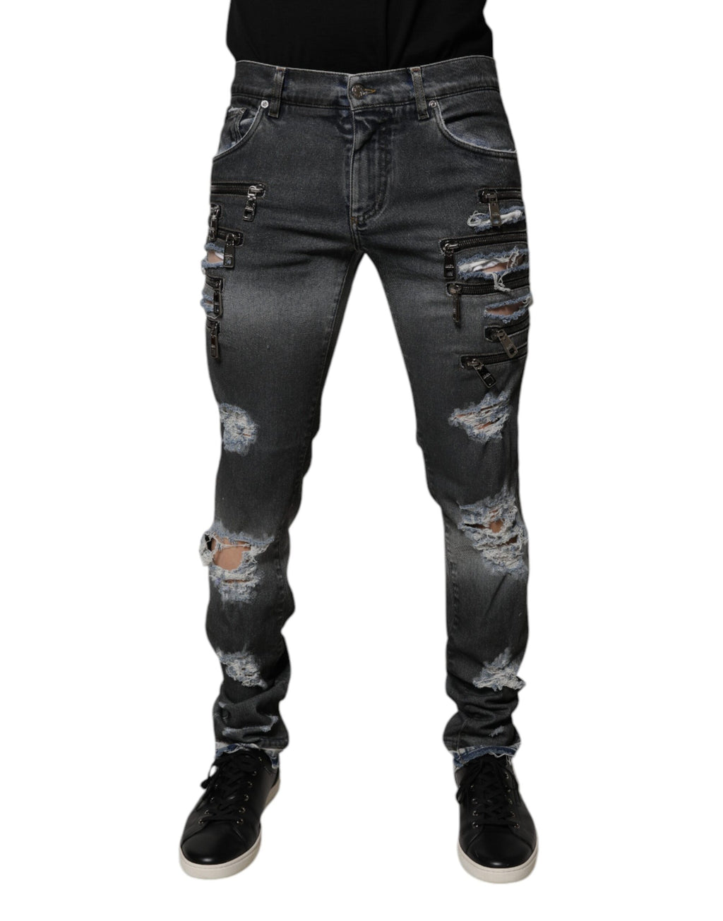 Dark Gray Tattered Cotton Skinny Denim Jeans