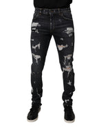 Black Tattered Cotton Skinny Men Denim Jeans