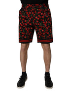 Black Red Cherry Print Bermuda Cotton Shorts