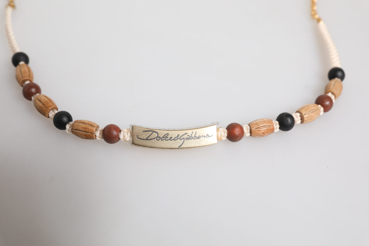 Black Gold Wooden Beaded Logo Pendant Necklace