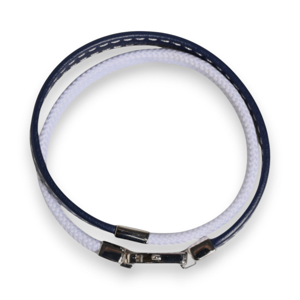 Blue White Leather Trimmed DG Engraved Silver Tone Clasp Bracelet