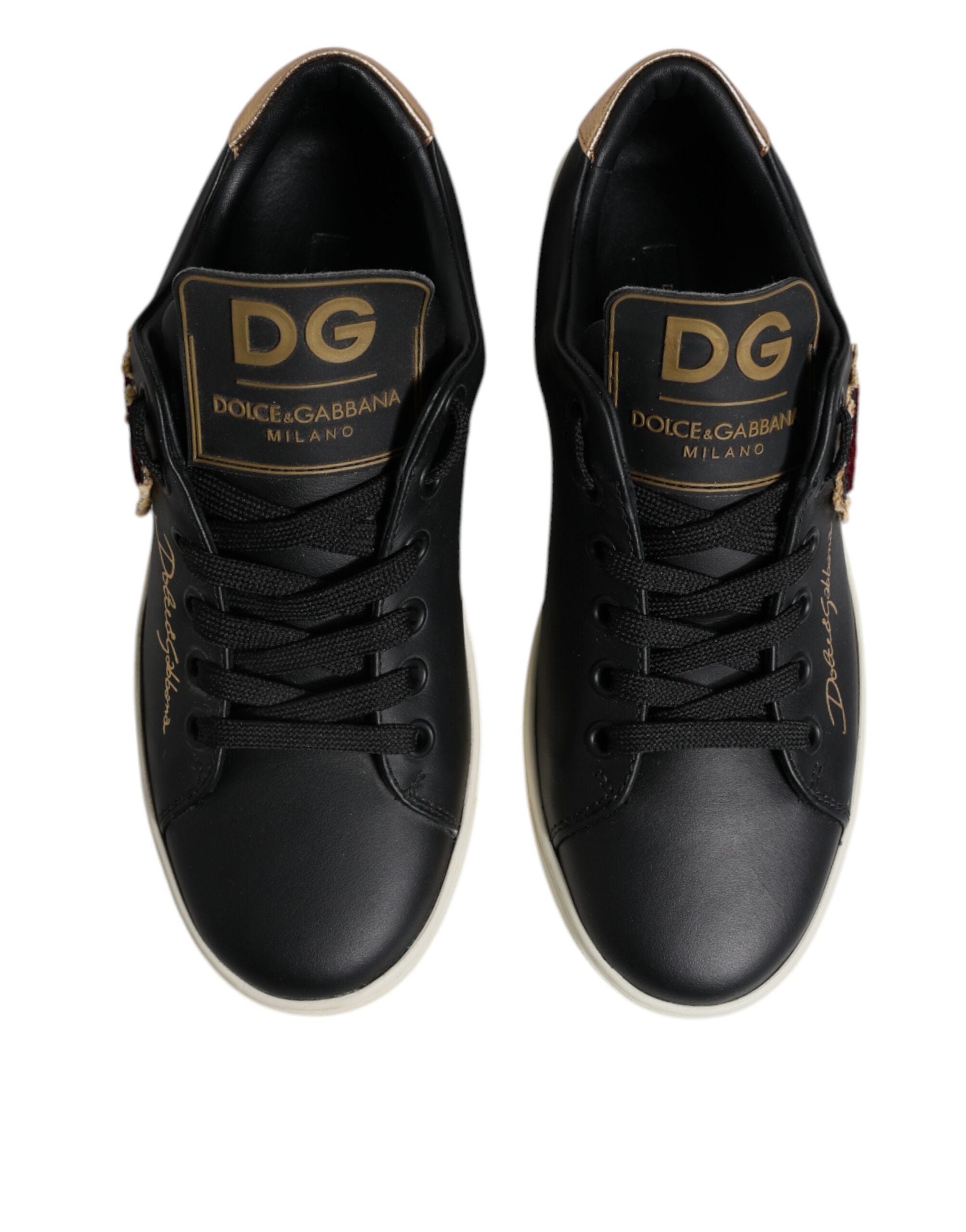 Black Leather Gold Red Heart Sneakers Shoes