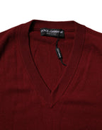 Maroon Cashmere V-neck Men Pullover Sweater