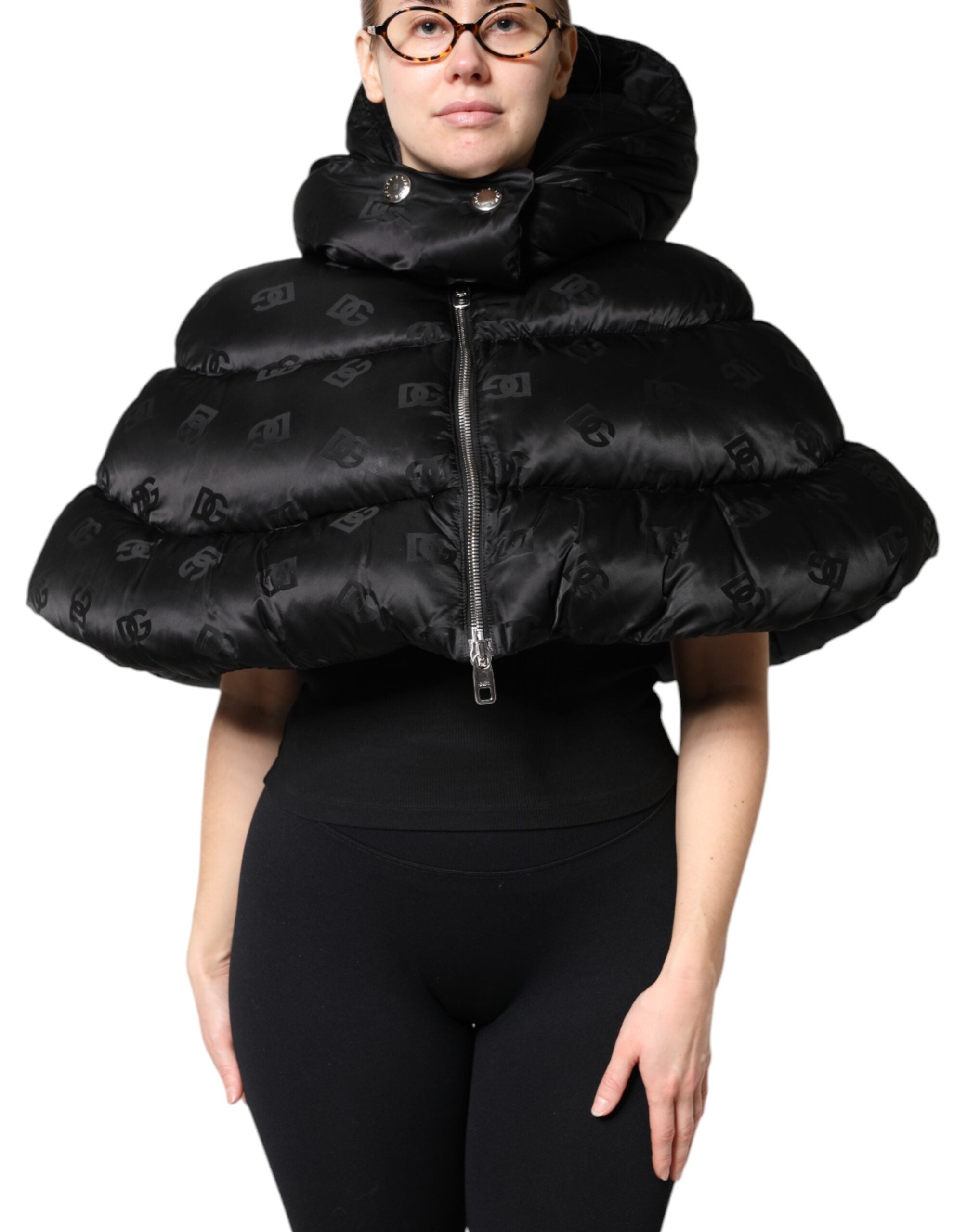 Black Padded Puffer Hooded Full Zip Cropped Jacket