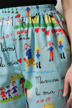 Light Blue Drawing Mid Waist Wide Leg Pants