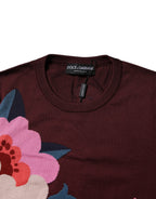 Maroon Floral Silk Crew Neck Blouse Top