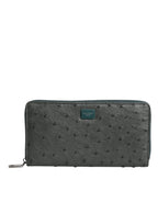 Green Ostrich Logo Plaque Zip Around Continental Wallet