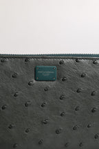 Green Ostrich Logo Plaque Zip Around Continental Wallet
