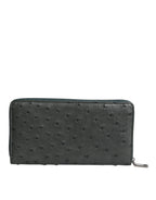 Green Ostrich Logo Plaque Zip Around Continental Wallet
