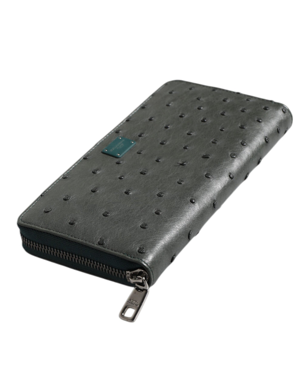 Green Ostrich Logo Plaque Zip Around Continental Wallet