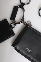 Black Leather Lanyard Zip Around Card Holder Wallet