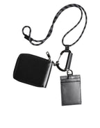 Black Leather Lanyard Zip Around Card Holder Wallet