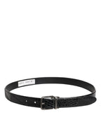 Black Exotic Leather Metal Logo Buckle Belt