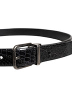 Black Exotic Leather Metal Logo Buckle Belt