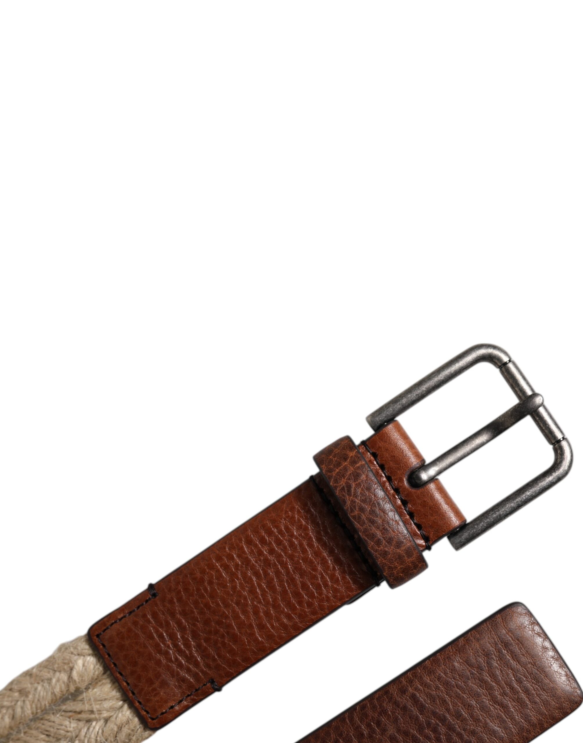 Brown Jute Leather Woven Metal Buckle Belt