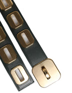 Green Leather Gold Tone Rotating Buckle Belt